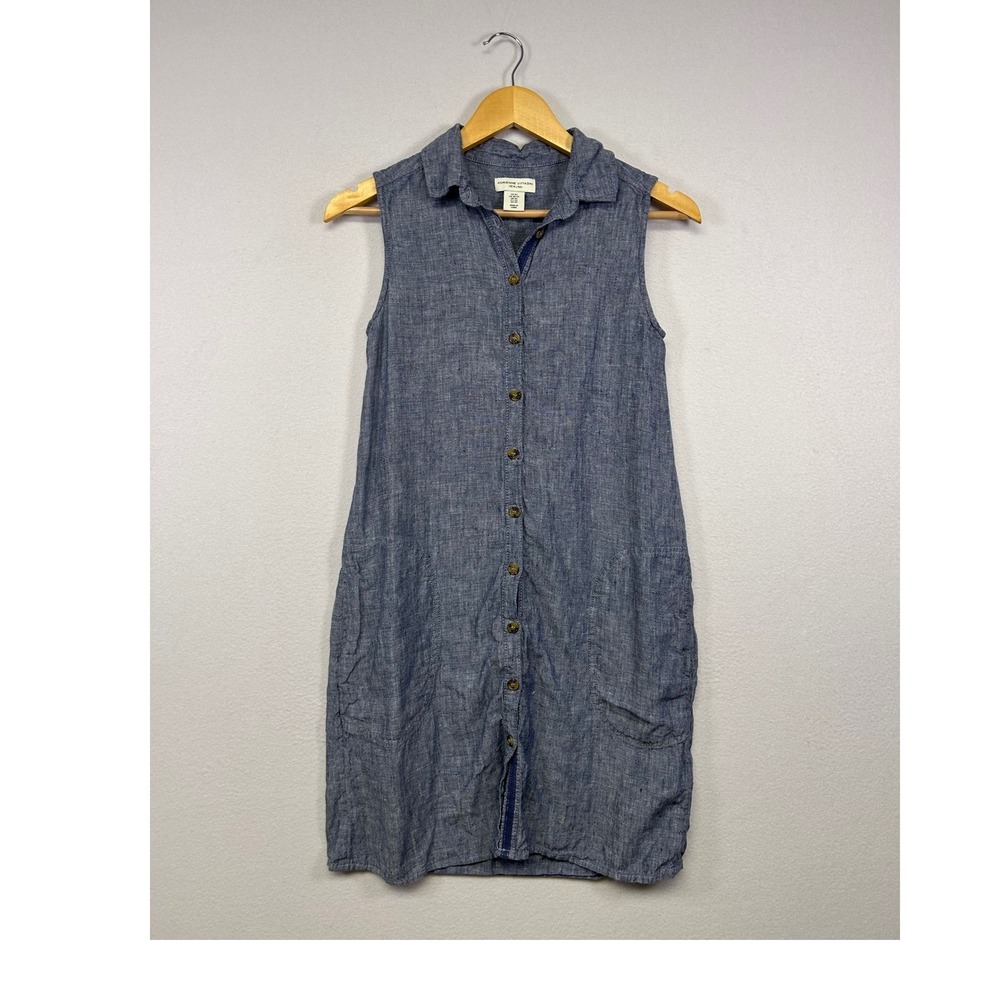 Coastal Adrienne‎ Vittadini Womens XS Blue 100% Linen Slvless Shirt Dress Pocket